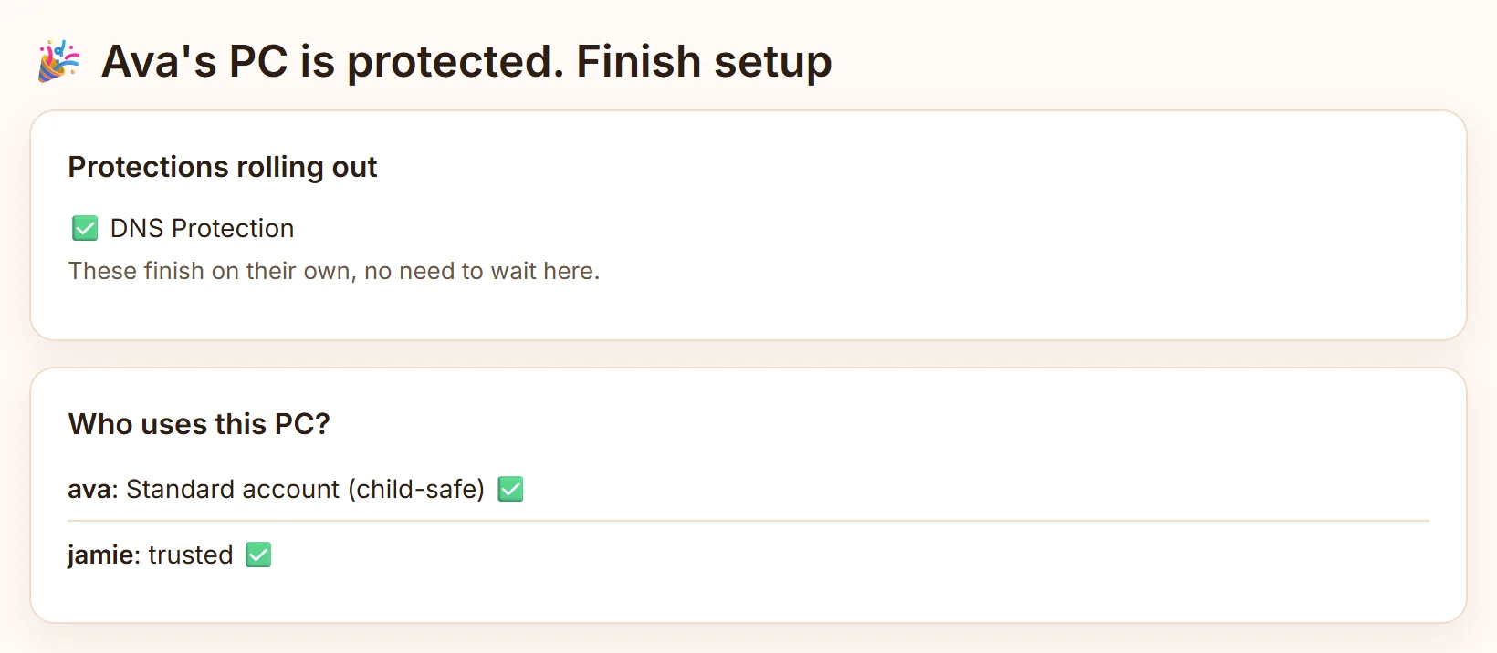 The final step of Add a device: Ava's PC is protected, with DNS Protection ticked as rolling out, and the PC's two Windows accounts listed, ava as a child-safe standard account and jamie as trusted.