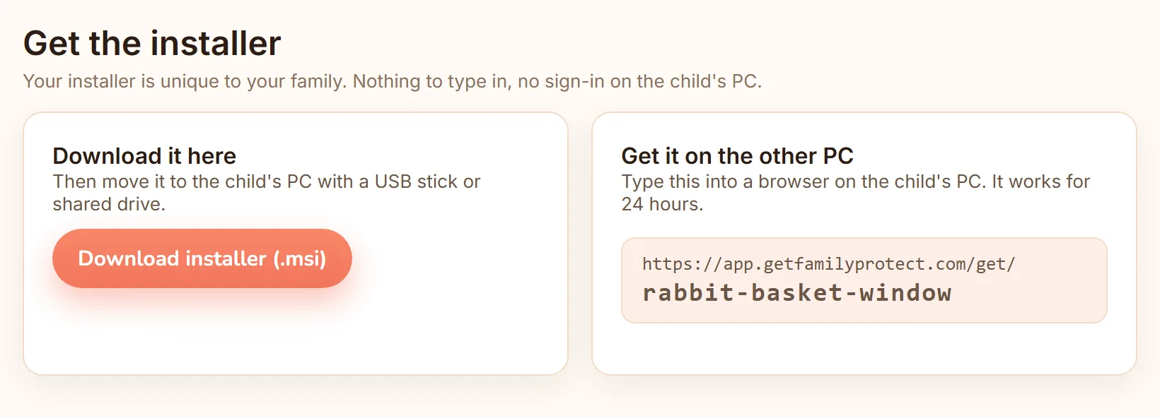 Step one of Add a device, showing two cards side by side: Download it here with a Download installer (.msi) button, and Get it on the other PC showing the typeable link app.getfamilyprotect.com/get/rabbit-basket-window.
