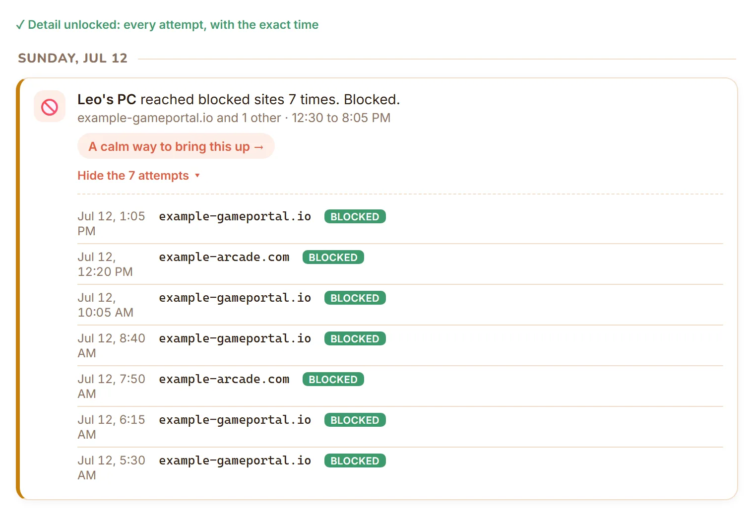 The unlocked Blocked sites detail: one moment opened to show every attempt with its exact date and time, the site name, and a Blocked badge on each row.