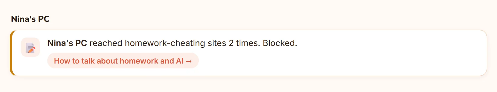 Nina's PC reached homework-cheating sites 2 times. Blocked.