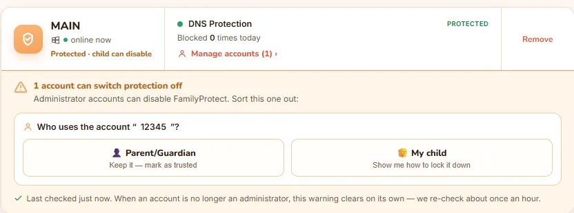 A device row in the FamilyProtect dashboard with an amber warning that one account can switch protection off, asking who uses the account, with a Parent/Guardian option to keep and trust it and a My child option to lock it down.