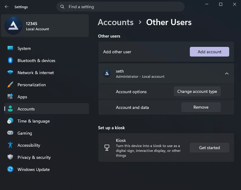 The Windows Settings Accounts screen, Other users, showing an account labelled Administrator, Local account underneath the account name, with a Change account type button.